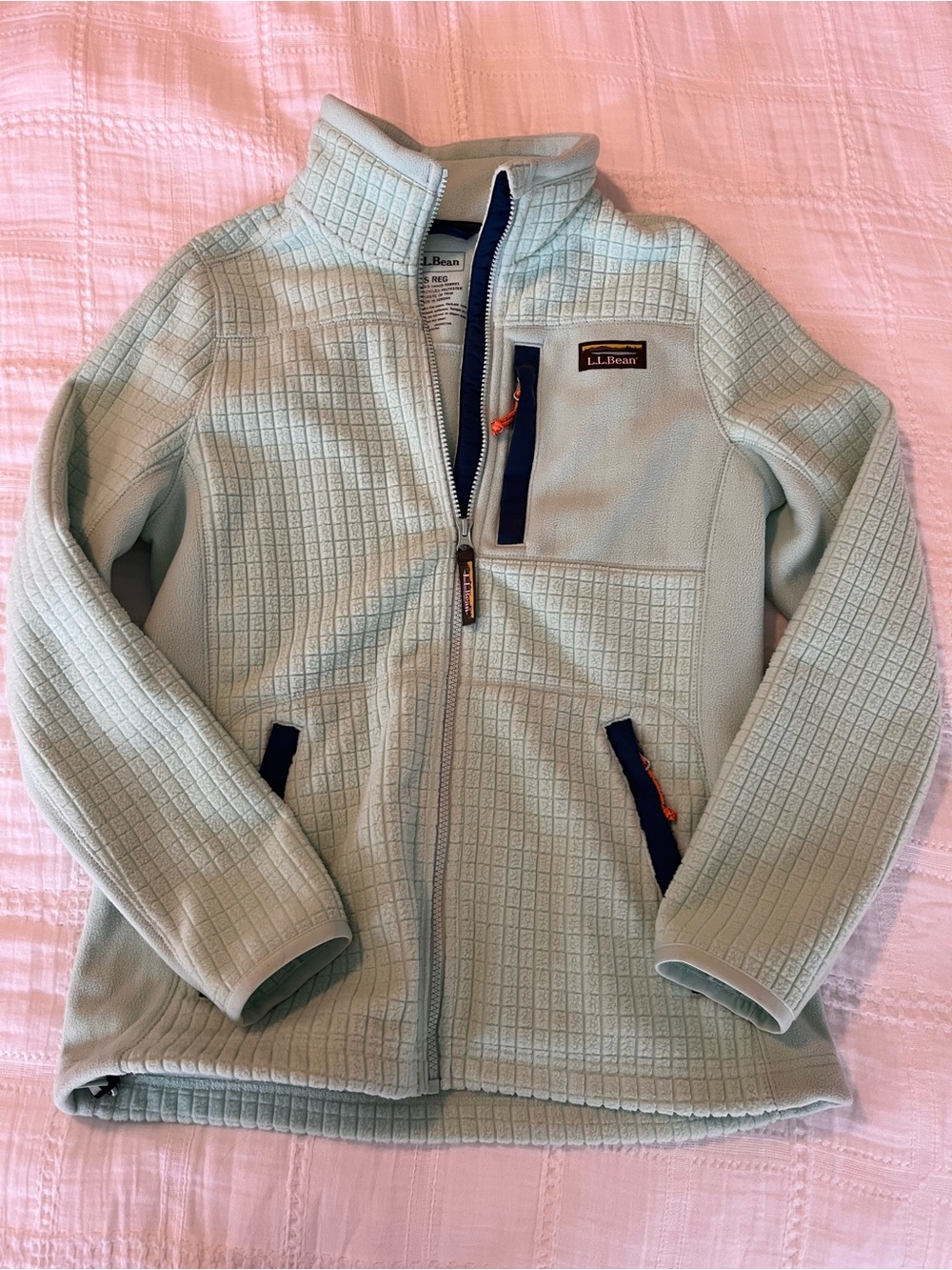 L.L. Bean Kids Light Mint Green Fleece Jacket with Navy Trim
